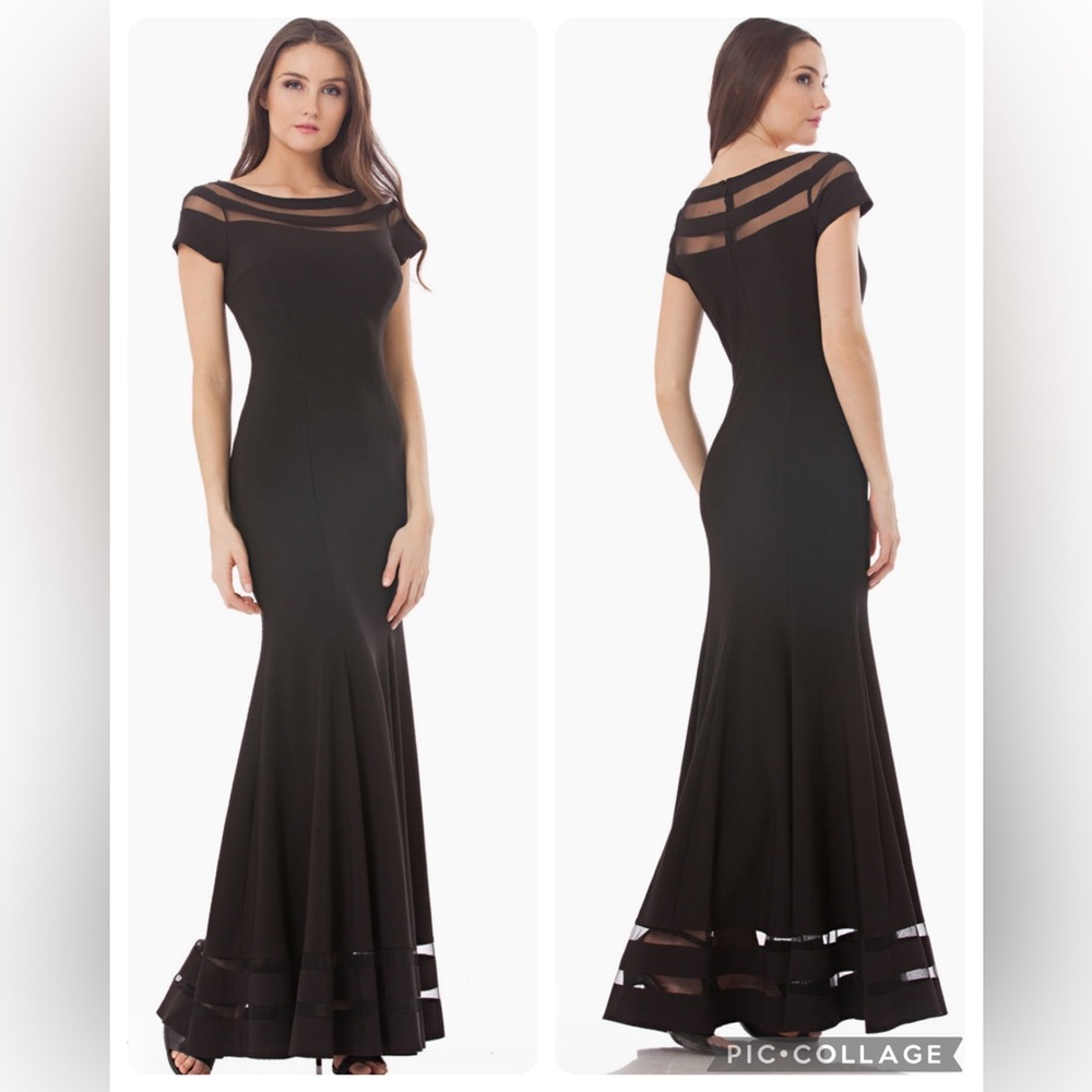 JS collections ottoman fit and flare short sleeves illusion Neckline long Gown
